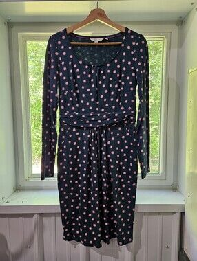 Boden Navy Long-Sleeve Dress with Pink Starburst Print